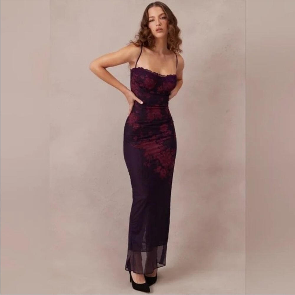 House of CB Purple and Burgundy Floral Lace Maxi Dress